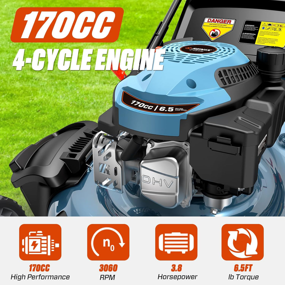 Tondeuse à gazon à gazon à essence SENIX, tondeuse à gazon autotractée de 22 pouces avec moteur OHV 4 temps de 170 cm³, tondeuse à gazon poussée 3 en 1, réglage de la hauteur de coupe sur 6 positions