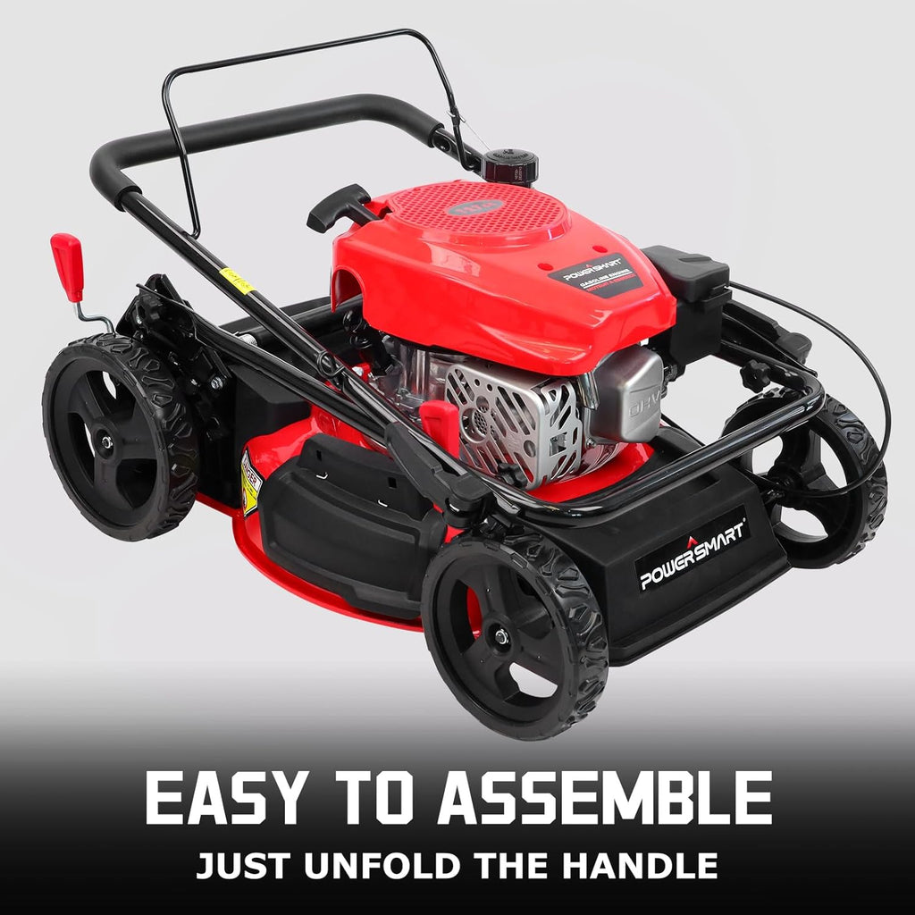 Tondeuse à gazon à gazon autoportée PowerSmart 18 po, moteur OHV 144 cm³, 3 en 1, à essence, avec réglage de la hauteur et sac de mulching.