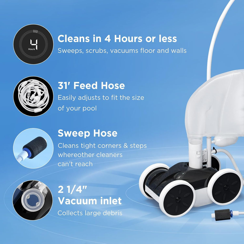 Appareil de nettoyage de piscine sous pression MAKHOON Upgrade : Solution professionnelle pour le nettoyage de votre piscine (quatre roues valent mieux que trois). Nécessite une entrée de pompe de surpression à filetage femelle 1,5 pouce et une…