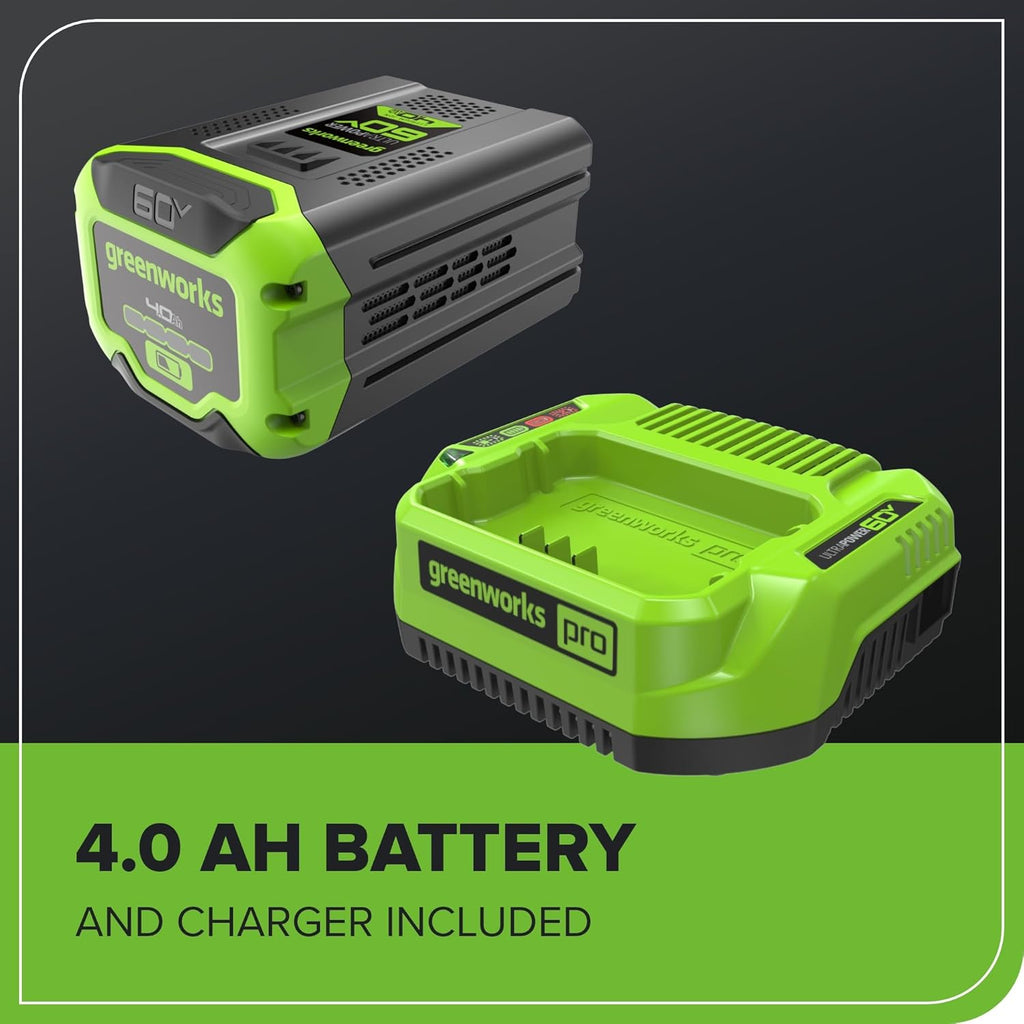 Tondeuse à gazon à gazon sans balais Greenworks 60 V 17 pouces (à pousser) + souffleur sans balais 60 V (610 CFM), batterie 4,0 Ah et chargeur 3 A