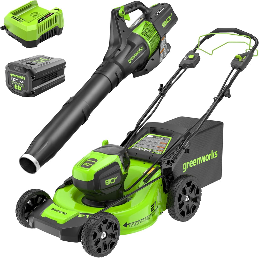 Tondeuse à gazon à gazon électrique sans fil Greenworks 80 V 53 cm (autotractée) + souffleur de feuilles axial (580 CFM) (plus de 75 outils compatibles), batterie 4,0 Ah et chargeur rapide 60 minutes, vert et noir