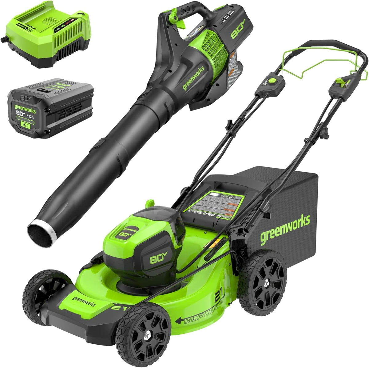 Tondeuse à gazon à gazon électrique sans fil Greenworks 80 V 53 cm (autotractée) + souffleur de feuilles axial (580 CFM) (plus de 75 outils compatibles), batterie 4,0 Ah et chargeur rapide 60 minutes, vert et noir