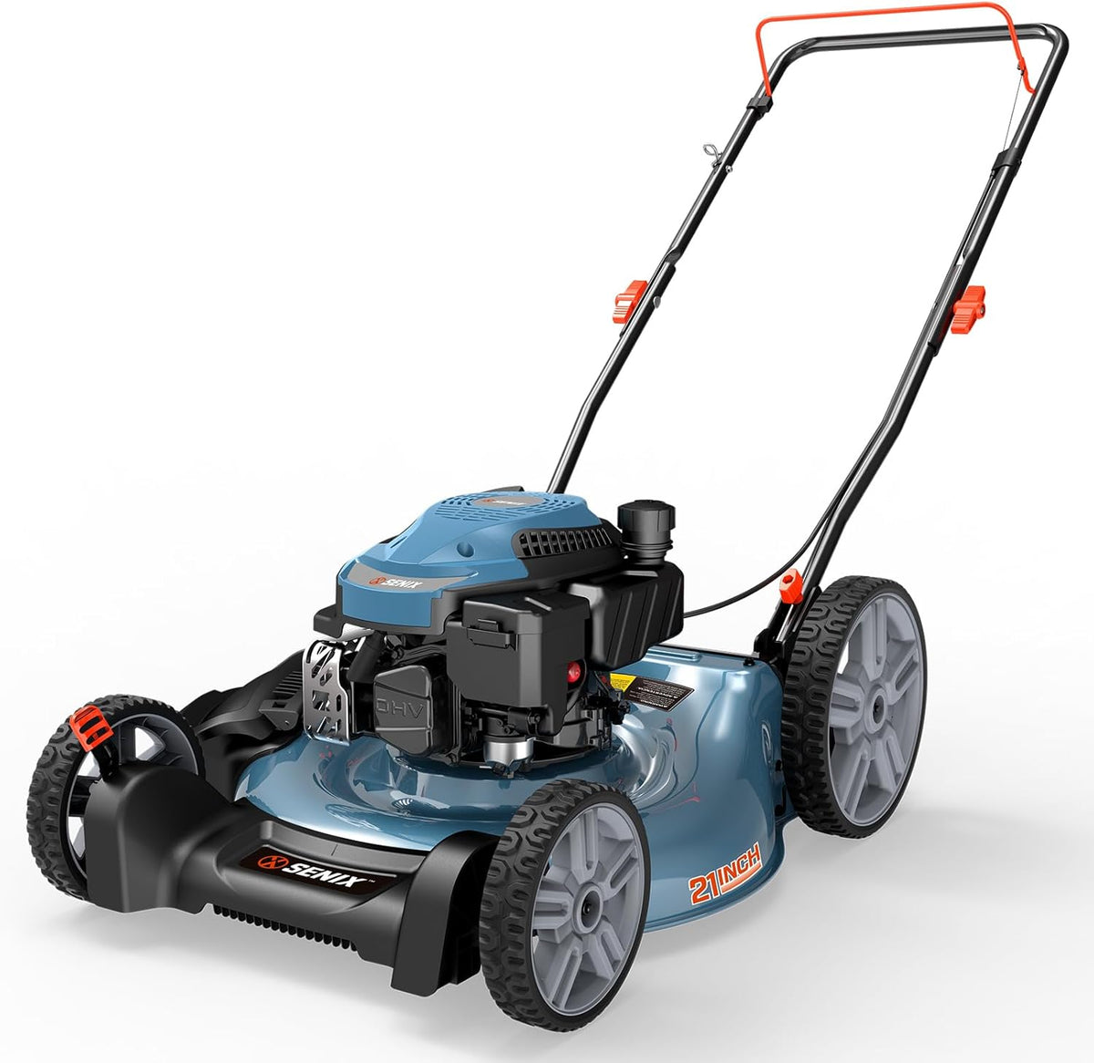 Tondeuse à gazon à gazon à essence SENIX 144 cm³, 53 cm (21 pouces), 2 en 1, poussée avec mulching et éjection latérale, moteur 4 temps, 6 hauteurs de coupe réglables pour jardin et cour.