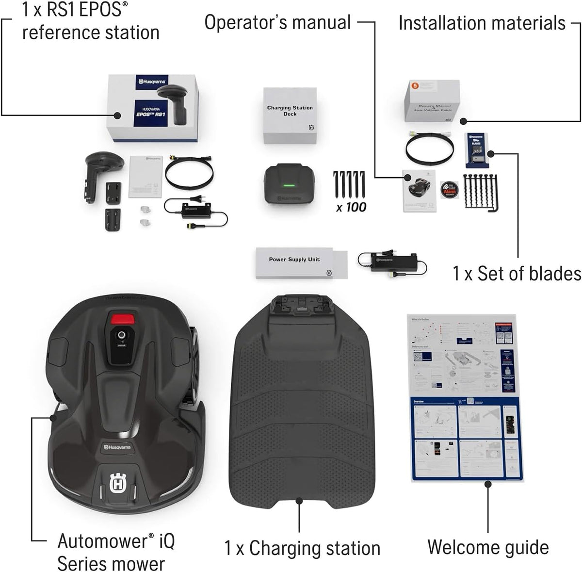 Tondeuse à gazon robot Husqvarna 410iQ Automower, capacité de tonte de 0,5 acre, sans fil, avec station de charge, station de référence RS1 EPOS et lames de rechange, 970727401