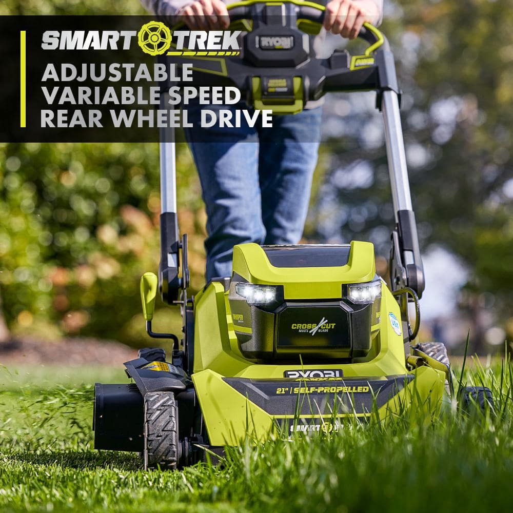 Tondeuse à gazon à gazon autotractée Ryobi Whisper Series 40 V HP sans balais de 53 cm (21 po) avec 4 roues motrices et moteur brushless. Comprend (2) batteries de 6,0 Ah et un chargeur.