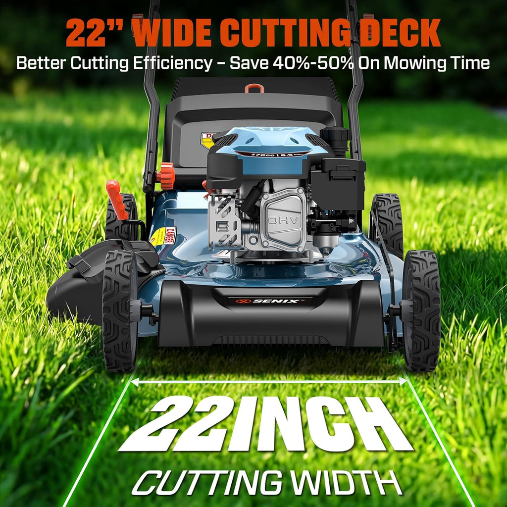 Tondeuse à gazon à gazon à essence SENIX, tondeuse à gazon autotractée de 22 pouces avec moteur OHV 4 temps de 170 cm³, tondeuse à gazon poussée 3 en 1, réglage de la hauteur de coupe sur 6 positions