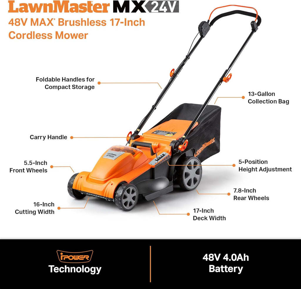 Tondeuse à gazon sans balais LawnMaster CLMF4817E 48V MAX avec 2 batteries 24V MAX 4,0 Ah et un chargeur double
