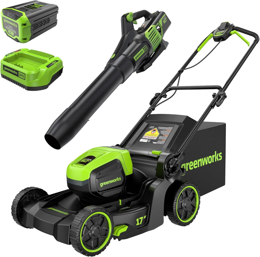 Tondeuse à gazon à gazon sans balais Greenworks 60 V 17 pouces (à pousser) + souffleur sans balais 60 V (610 CFM), batterie 4,0 Ah et chargeur 3 A