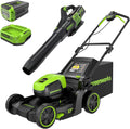 Tondeuse à gazon à gazon sans balais Greenworks 60 V 17 pouces (à pousser) + souffleur sans balais 60 V (610 CFM), batterie 4,0 Ah et chargeur 3 A