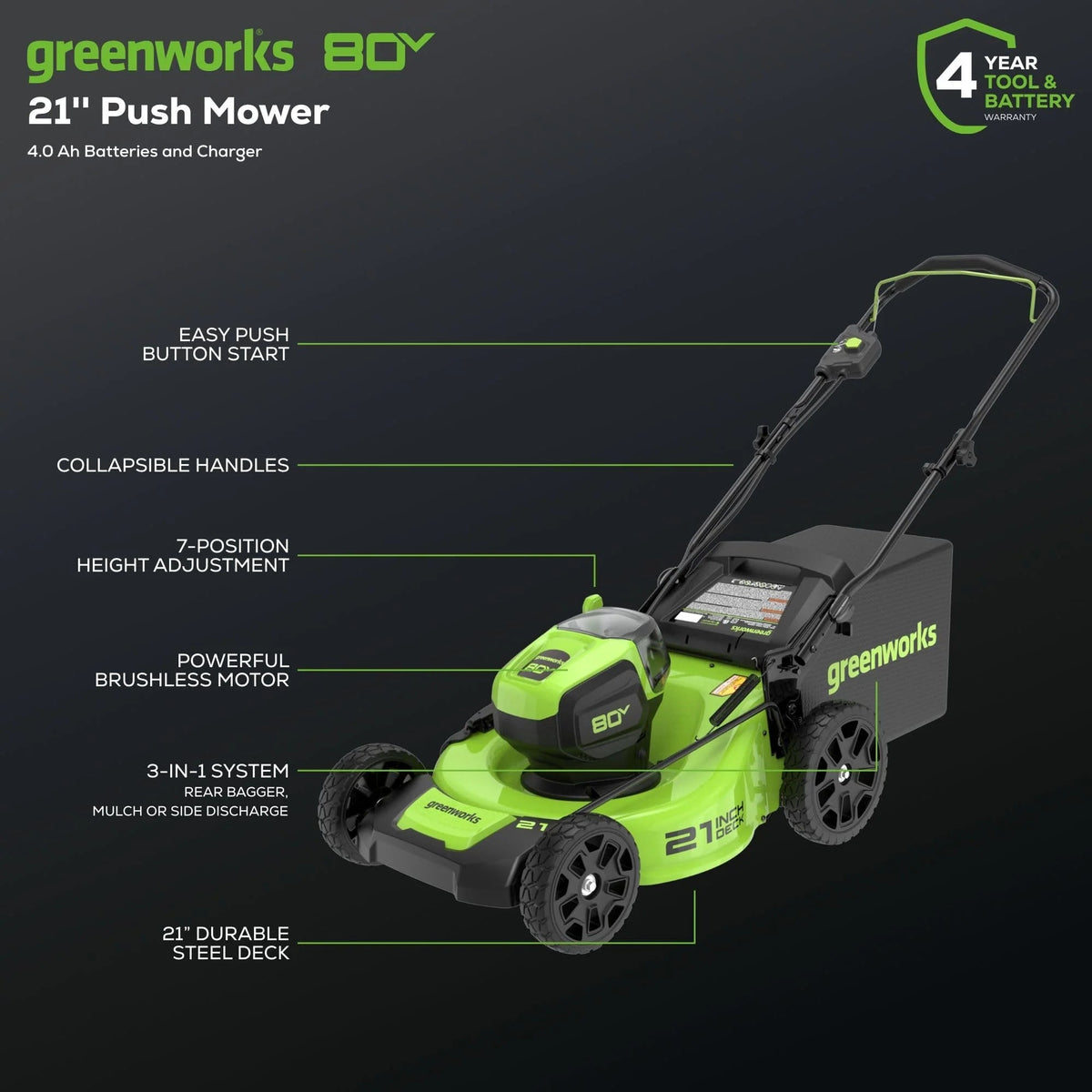 Tondeuse à gazon à gazon sans fil Greenworks 80V 21 sans balais