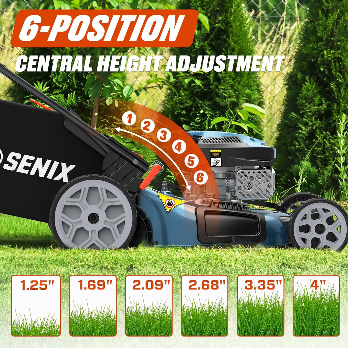 Tondeuse à gazon à gazon à essence SENIX, tondeuse à gazon autotractée de 22 pouces avec moteur OHV 4 temps de 170 cm³, tondeuse à gazon poussée 3 en 1, réglage de la hauteur de coupe sur 6 positions