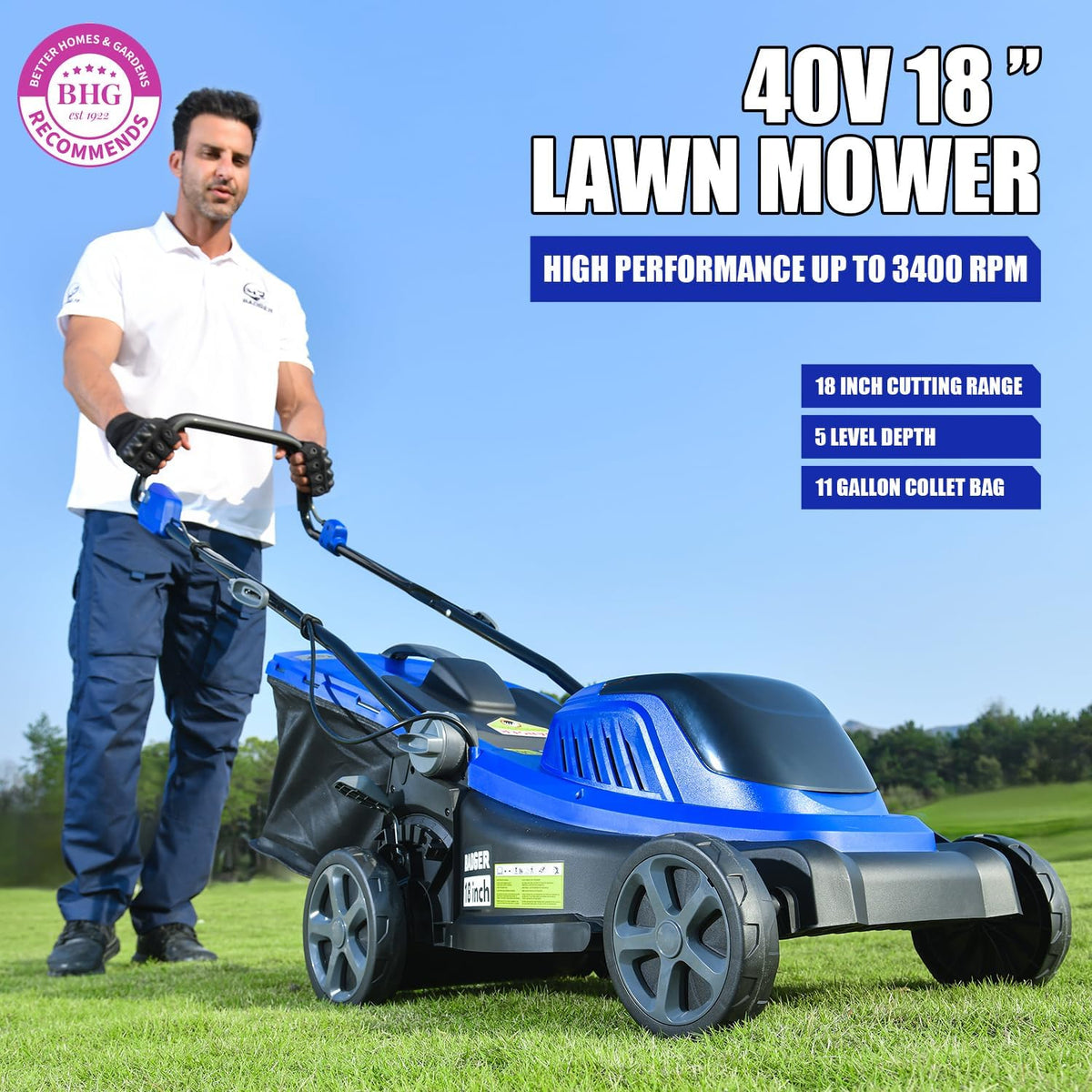 Tondeuse à gazon à gazon sans fil Wild Badger Power 40 V 18″, sans balais, 5 445 pi²/0,125 A, 1 batterie de 4,0 Ah et chargeur rapide, 5 hauteurs de coupe, pour pelouses de petite à moyenne taille.