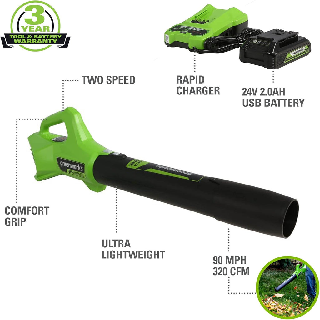 Kit combiné tondeuse à gazon autotractée sans fil Greenworks 48 V (24 V x 2) 21 et souffleur 320 CFM avec (2) batteries USB 5,0 Ah, (1) batterie 2,0 Ah et chargeurs
