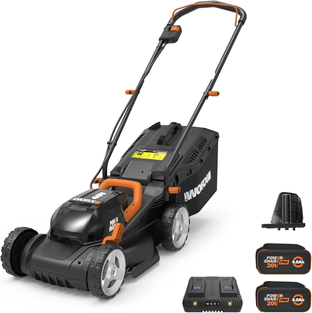 Tondeuse à gazon à gazon sans fil WORX 14 2 en 1 : tondeuse électrique silencieuse, compacte et légère, avec réglage de la hauteur de coupe sur 6 positions pour les petits jardins. 2 batteries et un chargeur inclus. WG779