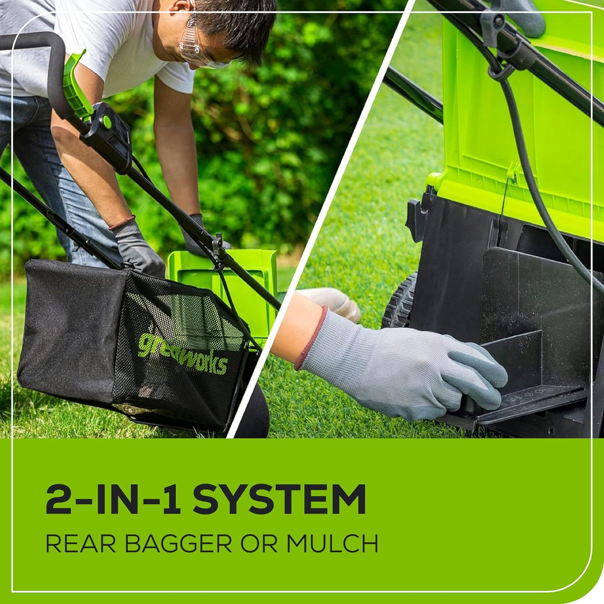 Tondeuse à gazon à gazon sans fil Greenworks 24 V 13" avec batterie 4,0 Ah et chargeur. Tondeuse à pousser sans entretien avec fonction mulching/ramassage 2 en 1.