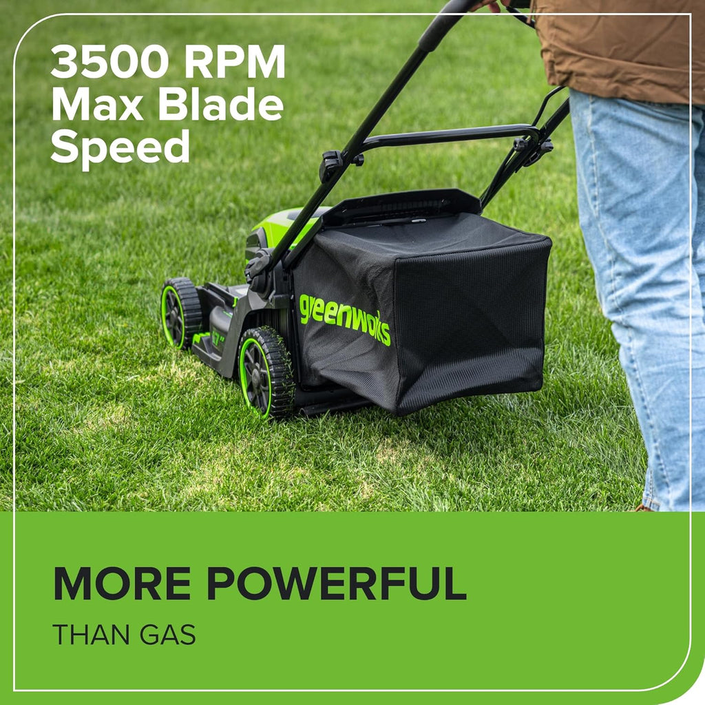 Tondeuse à gazon à gazon sans fil Greenworks 60V 17" sans balais, 2 en 1, mulching/ramassage, batterie 4,0 Ah et chargeur 3 A (autonomie de 40 min)