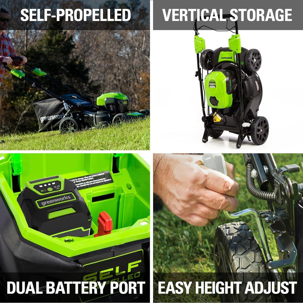 Tondeuse à gazon à gazon autotractée Greenworks 40V 21, souffleur de feuilles axial (500 CFM / 120 MPH), coupe-bordures 13 pouces avec 2 batteries (5 Ah + 2 Ah) et chargeurs