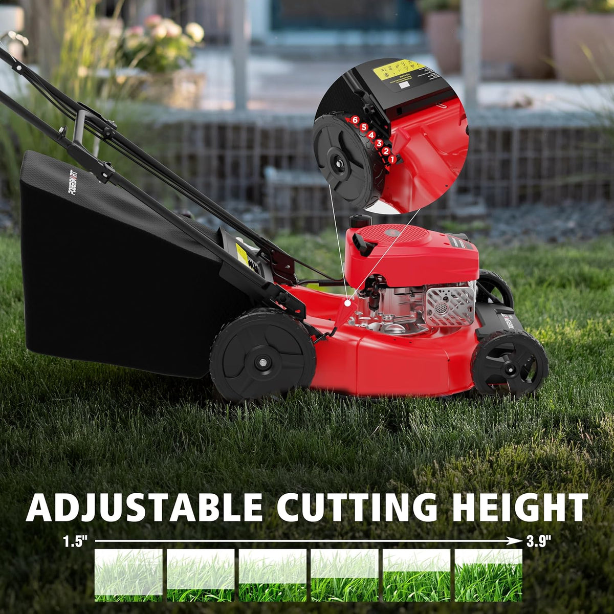 Tondeuse à gazon à gazon poussée PowerSmart 21 2 en 1, moteur 144 cm3, mulching, ramassage, grandes roues, légère et facile à monter, 6 hauteurs de coupe, idéale pour le jardin.
