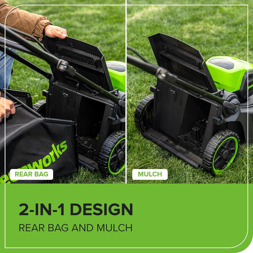 Tondeuse à gazon à gazon sans fil Greenworks 60V 17" sans balais, 2 en 1, mulching/ramassage, batterie 4,0 Ah et chargeur 3 A (autonomie de 40 min)