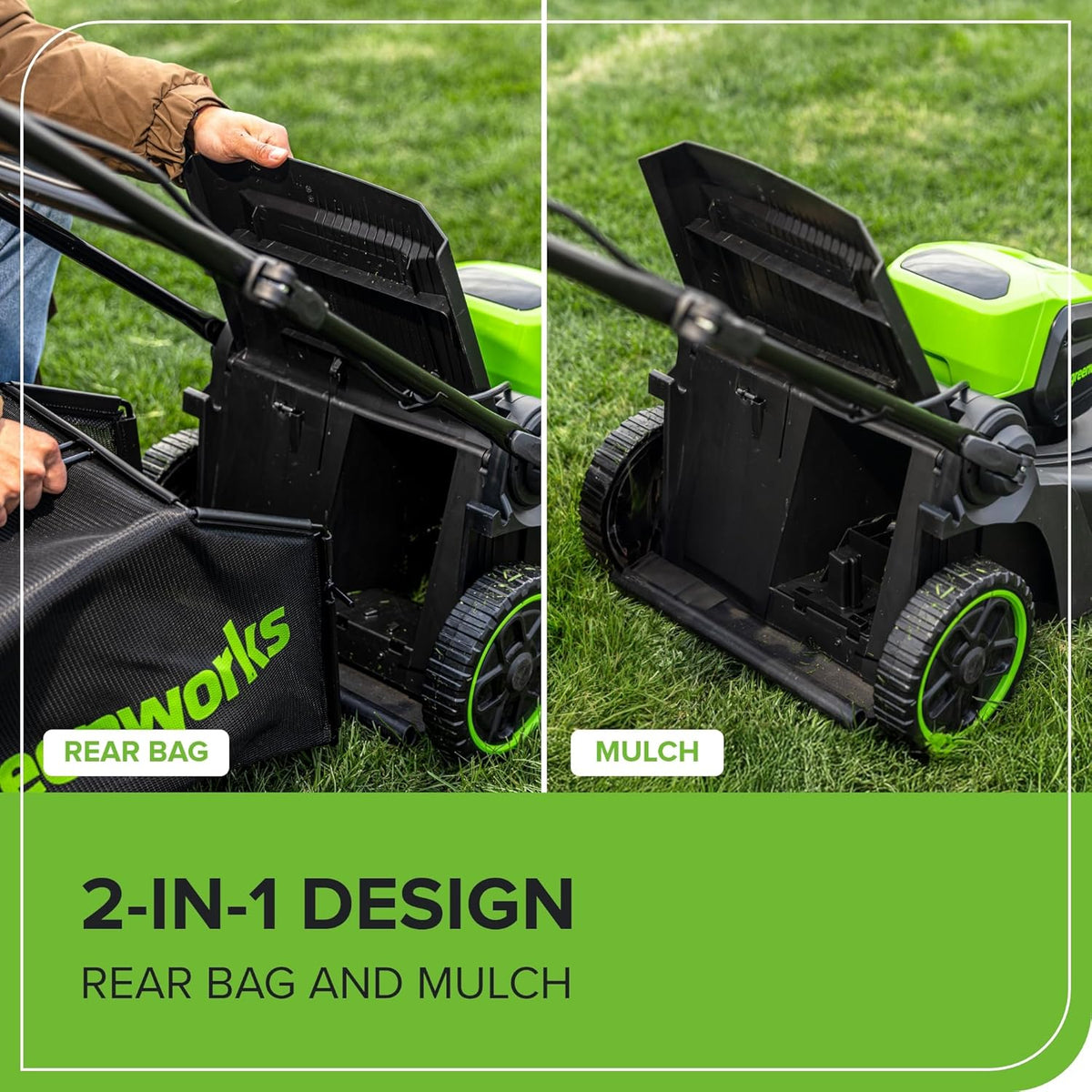 Tondeuse à gazon à gazon sans fil Greenworks 60V 17" sans balais, 2 en 1, mulching/ramassage, batterie 4,0 Ah et chargeur 3 A (autonomie de 40 min)