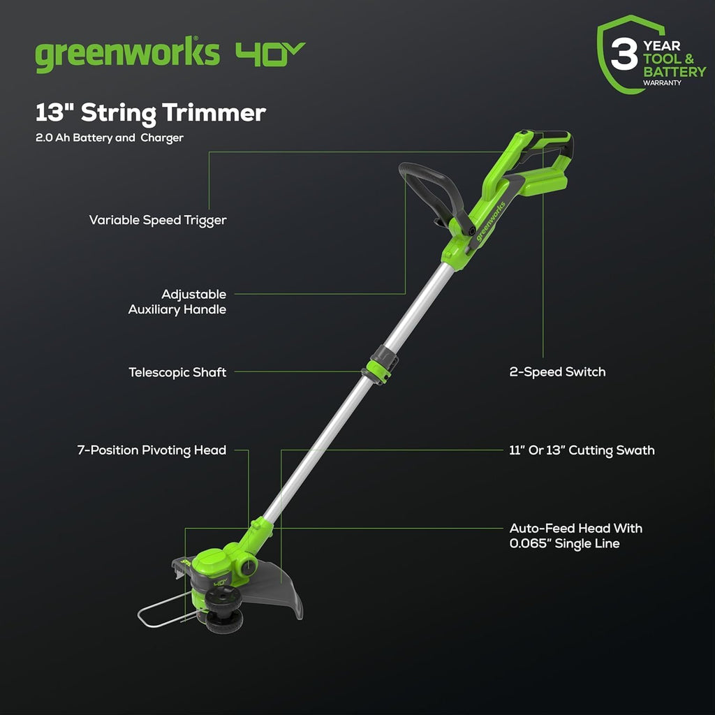 Tondeuse à gazon à gazon autotractée Greenworks 40V 21, souffleur de feuilles axial (500 CFM / 120 MPH), coupe-bordures 13 pouces avec 2 batteries (5 Ah + 2 Ah) et chargeurs