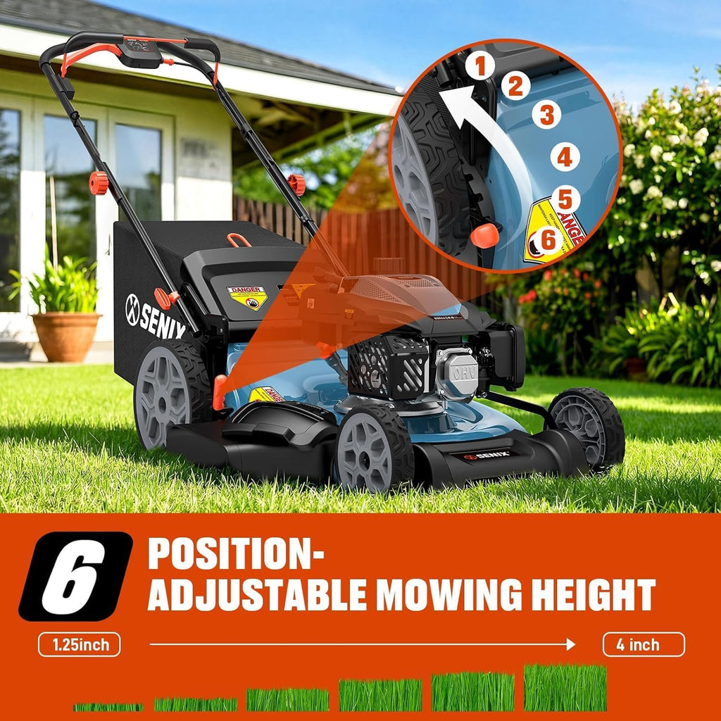Tondeuse à gazon à gazon à essence SENIX 22" autotractée avec moteur OHV 4 temps de 170 cm³, tondeuse à gazon poussée 3 en 1, réglage de la hauteur de coupe sur 6 positions