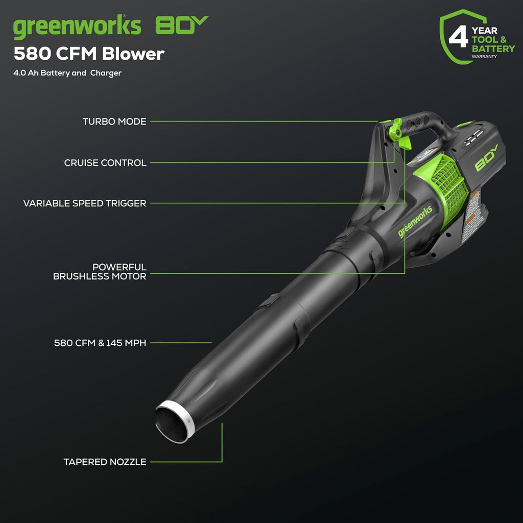 Tondeuse à gazon à gazon électrique sans fil Greenworks 80 V 53 cm (autotractée) + souffleur de feuilles axial (580 CFM) (plus de 75 outils compatibles), batterie 4,0 Ah et chargeur rapide 60 minutes, vert et noir