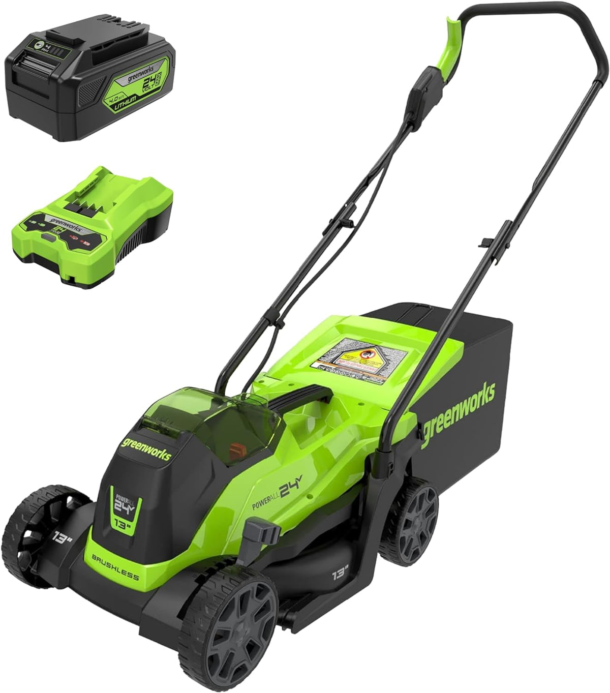 Tondeuse à gazon à gazon sans fil Greenworks 24 V 13" avec batterie 4,0 Ah et chargeur. Tondeuse à pousser sans entretien avec fonction mulching/ramassage 2 en 1.