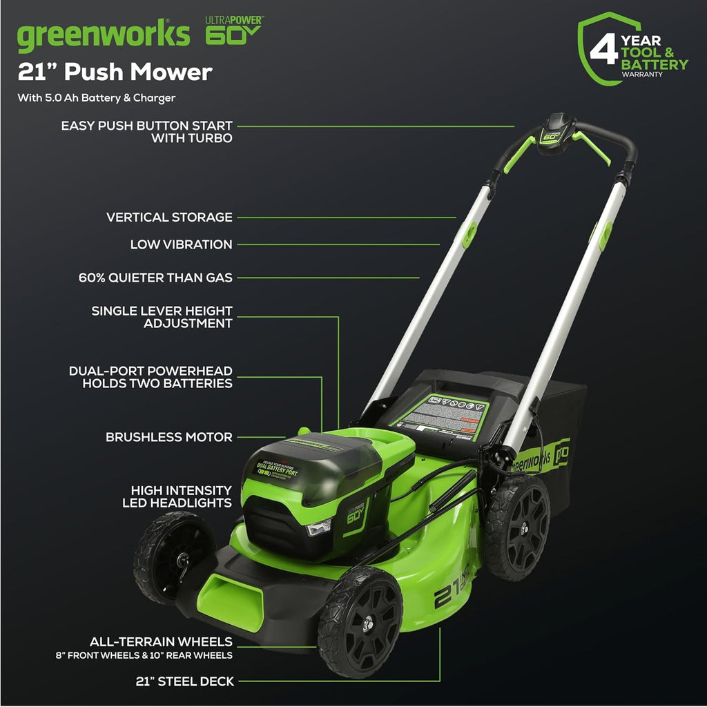 Tondeuse à gazon à gazon sans fil Greenworks 60V 21 (poussée), batterie 5,0 Ah (1/2 acre, chargeur rapide, 4 en 1, lumières LED, IPX4)