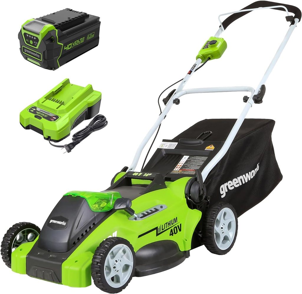 Tondeuse à gazon à gazon sans fil Greenworks 40V 16" ultra-légère à pousser avec batterie 4,0 Ah et chargeur (compatible avec plus de 75 outils, autonomie de 45 minutes)