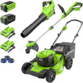 Ensemble tondeuse à gazon à gazon sans fil Greenworks 40V 20 avec souffleur de feuilles axial (500 CFM / 120 MPH), coupe-bordures 12", batteries 5Ah + 2Ah et chargeurs