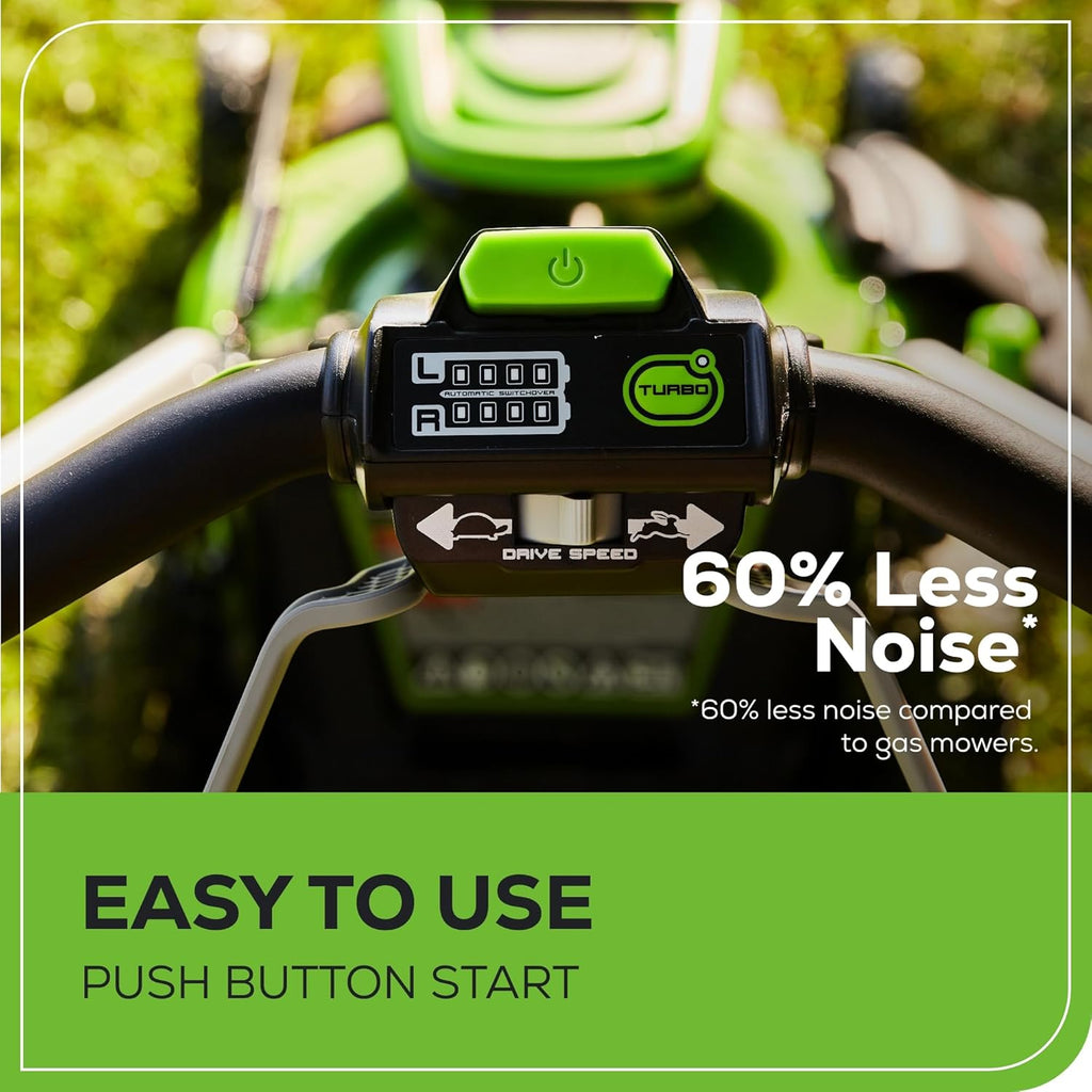 Tondeuse à gazon à gazon sans fil autotractée Greenworks 60V 21 avec moteur sans balais et éclairage LED. Comprend 2 batteries de 4,0 Ah et un chargeur rapide à double port (compatible avec plus de 75 outils, autonomie de 45 minutes).