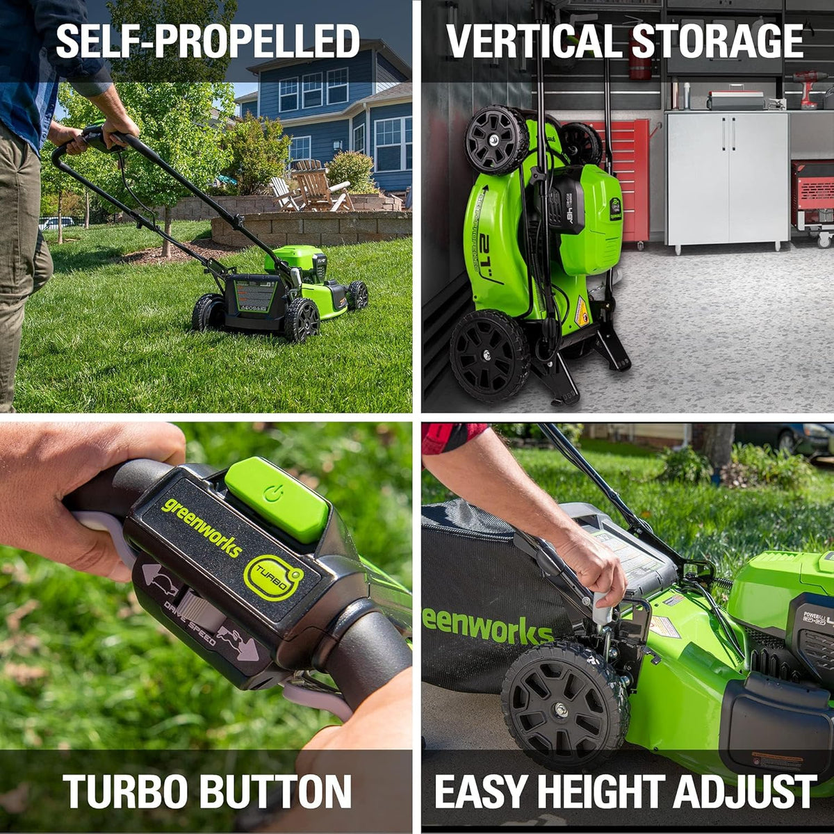 Tondeuse à gazon à gazon autotractée sans fil Greenworks 48 V (2 x 24 V) avec deux (2) batteries USB 5,0 Ah et chargeur ; kit coupe-bordures/dresse-bordures sans fil 24 V (outil seul).