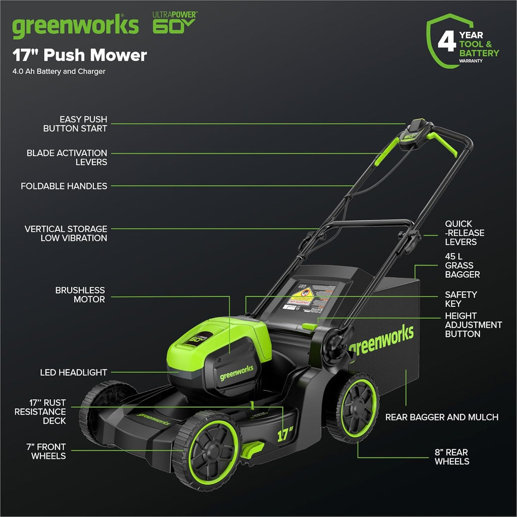 Tondeuse à gazon à gazon sans balais Greenworks 60 V 17 pouces (à pousser) + souffleur sans balais 60 V (610 CFM), batterie 4,0 Ah et chargeur 3 A