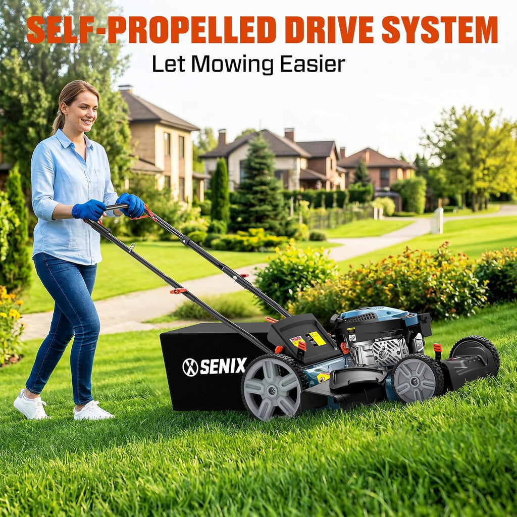 Tondeuse à gazon à gazon à essence SENIX 22" autotractée avec moteur OHV 4 temps de 170 cm³, tondeuse à gazon poussée 3 en 1, réglage de la hauteur de coupe sur 6 positions