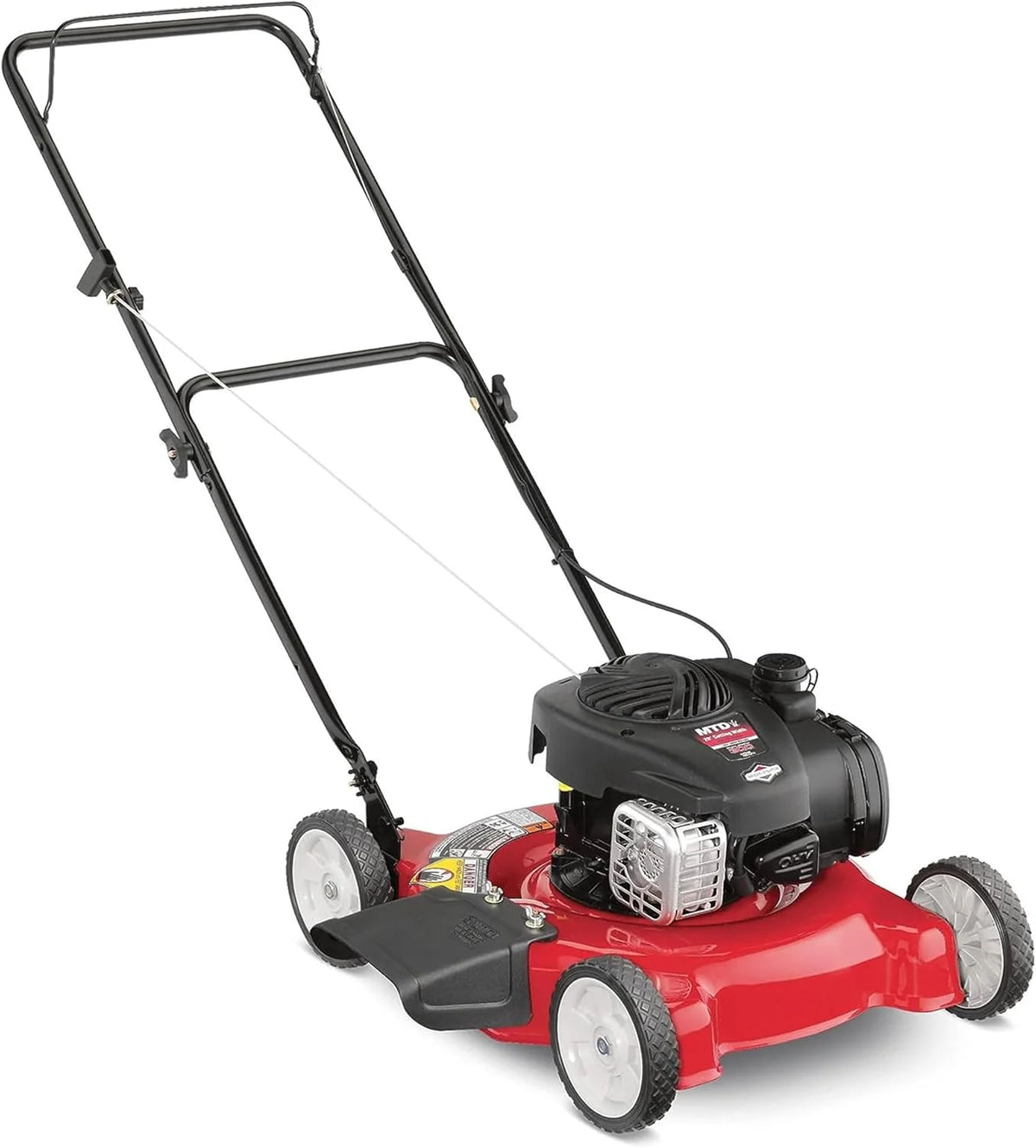 Tondeuse à gazon à gazon poussée à essence, à éjection latérale, avec plateau de coupe en acier de 20 pouces et huile moteur incluse, disponible en rouge et noir, adaptée aux jardins extérieurs.
