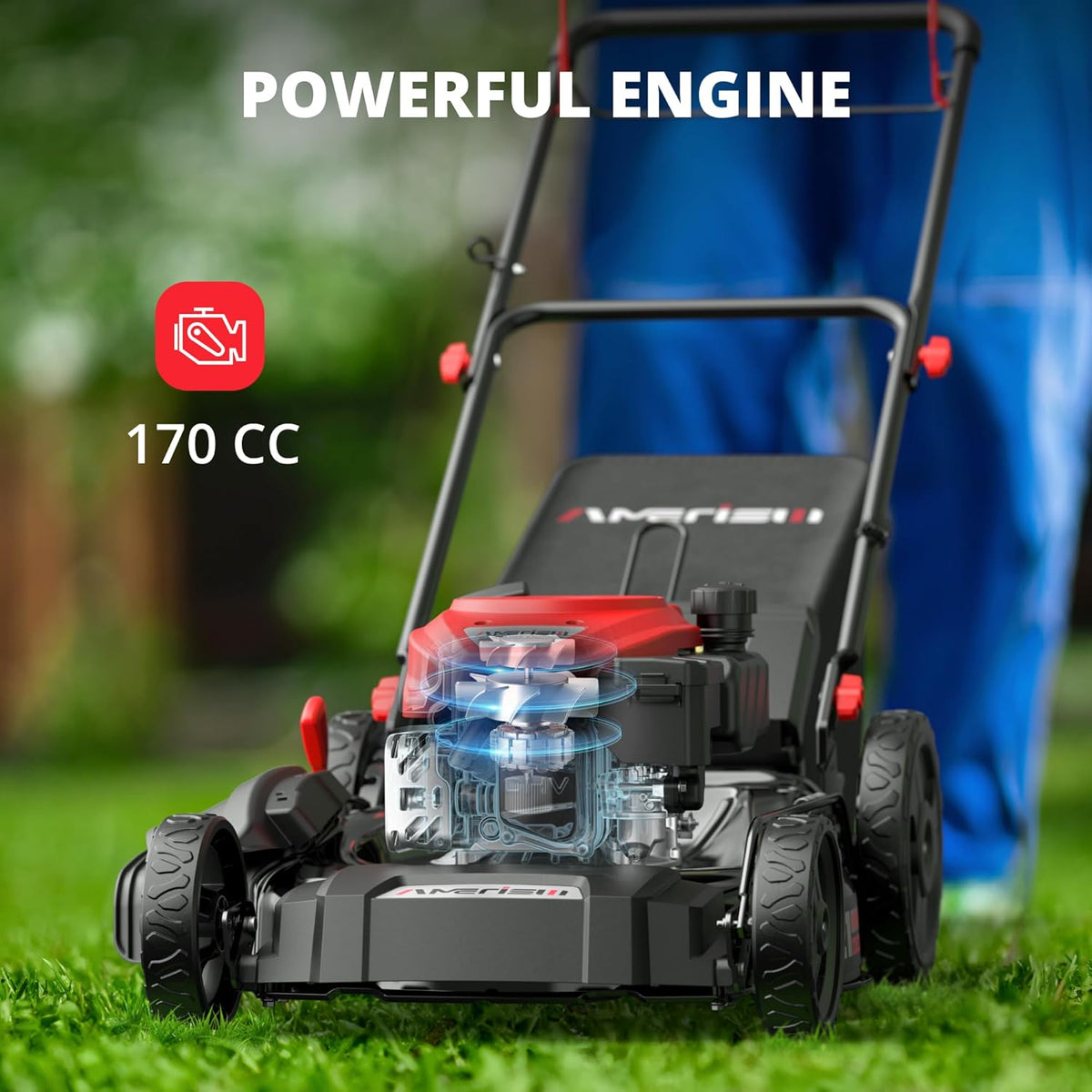 Tondeuse à gazon à gazon autotractée Amerisun 21, moteur OHV 170 cm³ avec refroidissement par air forcé, système 3 en 1, carter en acier, réglage de la hauteur de coupe sur 6 positions, poignée pliable