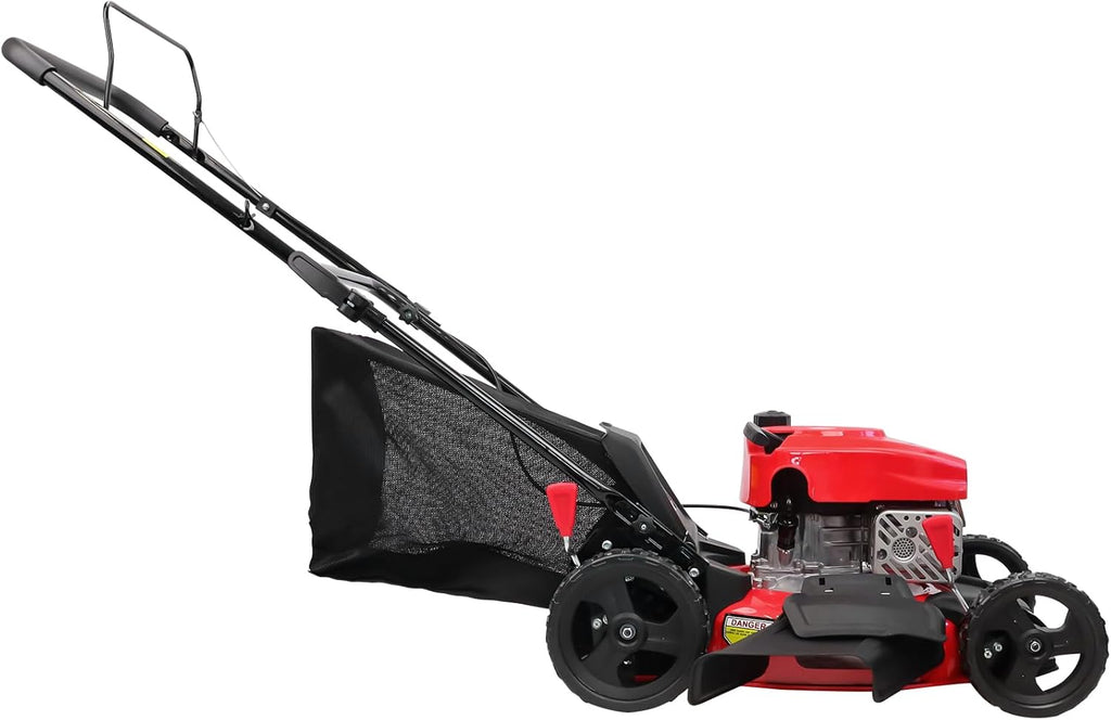 Tondeuse à gazon à gazon autoportée PowerSmart 18 po, moteur OHV 144 cm³, 3 en 1, à essence, avec réglage de la hauteur et sac de mulching.