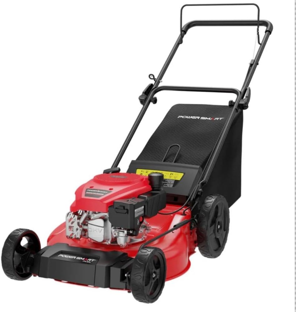 Tondeuse à gazon à gazon poussée PowerSmart 21 2 en 1, moteur 144 cm3, mulching, ramassage, grandes roues, légère et facile à monter, 6 hauteurs de coupe, idéale pour le jardin.