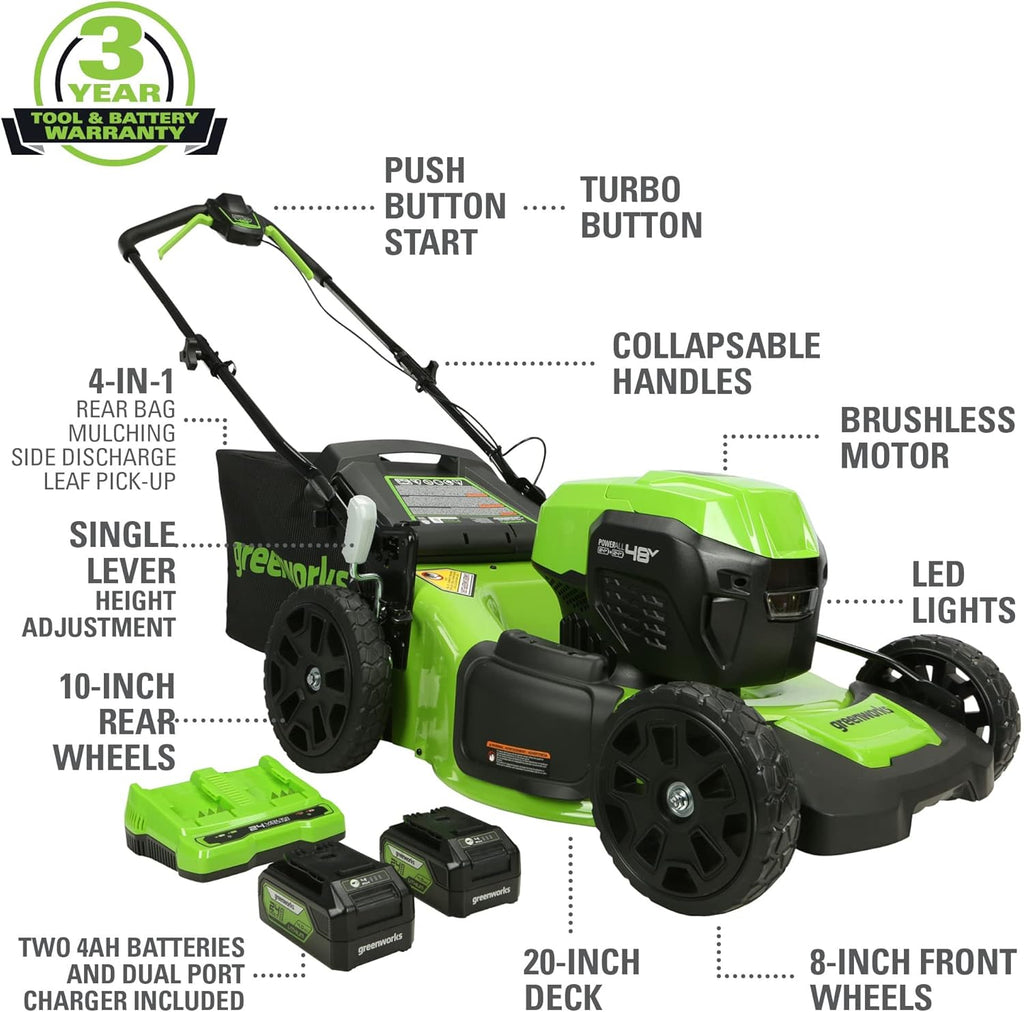 Ensemble tondeuse à gazon à batterie sans fil Greenworks 48 V (24 V x 2) 20 po, coupe-bordures/dresse-bordures à fil de 12 po et souffleur de 320 pi³/min avec (2) batteries de 4,0 Ah, (1) batterie de 2,0 Ah et chargeurs