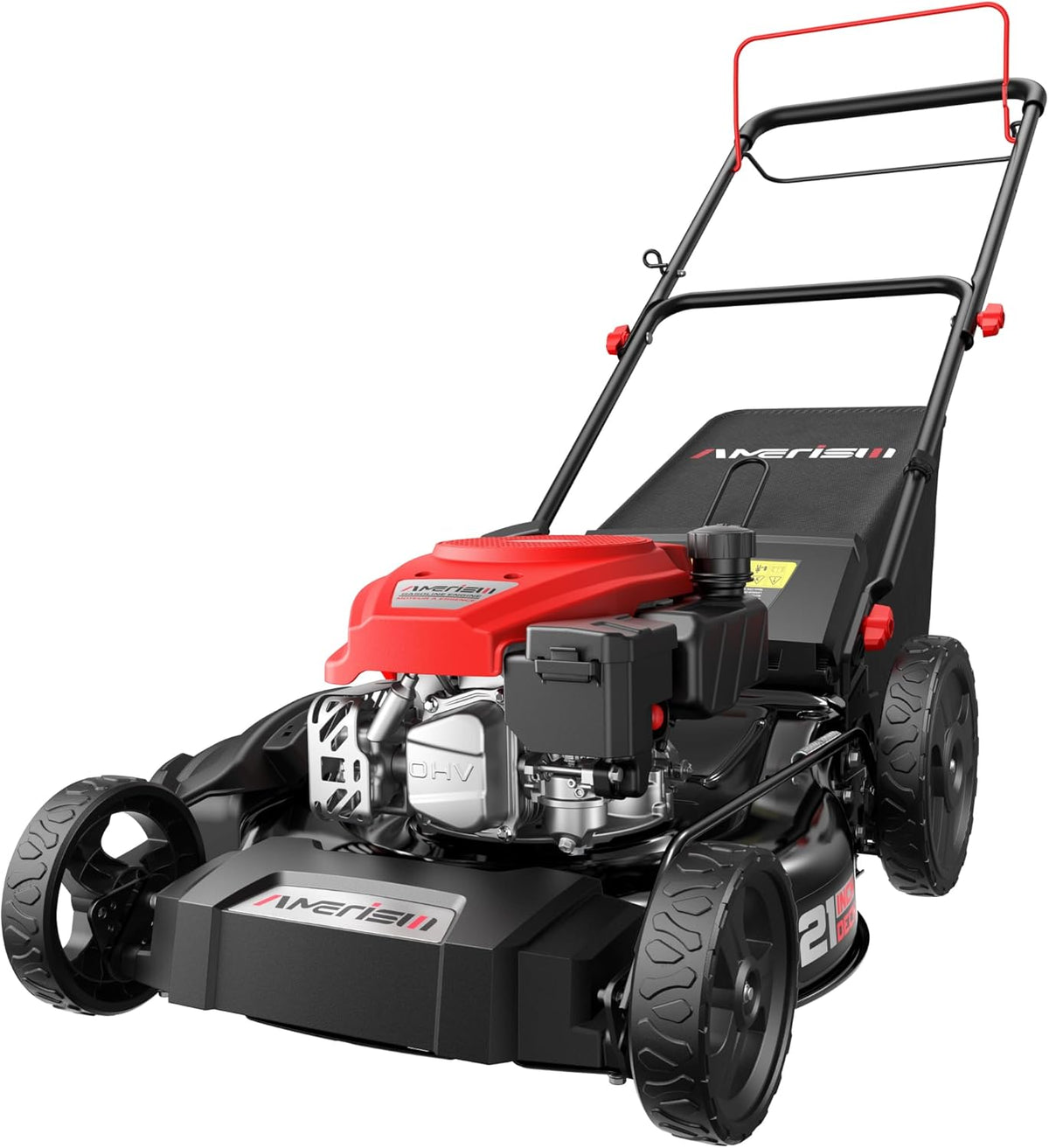 Tondeuse à gazon à gazon autotractée Amerisun 21, moteur OHV 170 cm³ avec refroidissement par air forcé, système 3 en 1, carter en acier, réglage de la hauteur de coupe sur 6 positions, poignée pliable