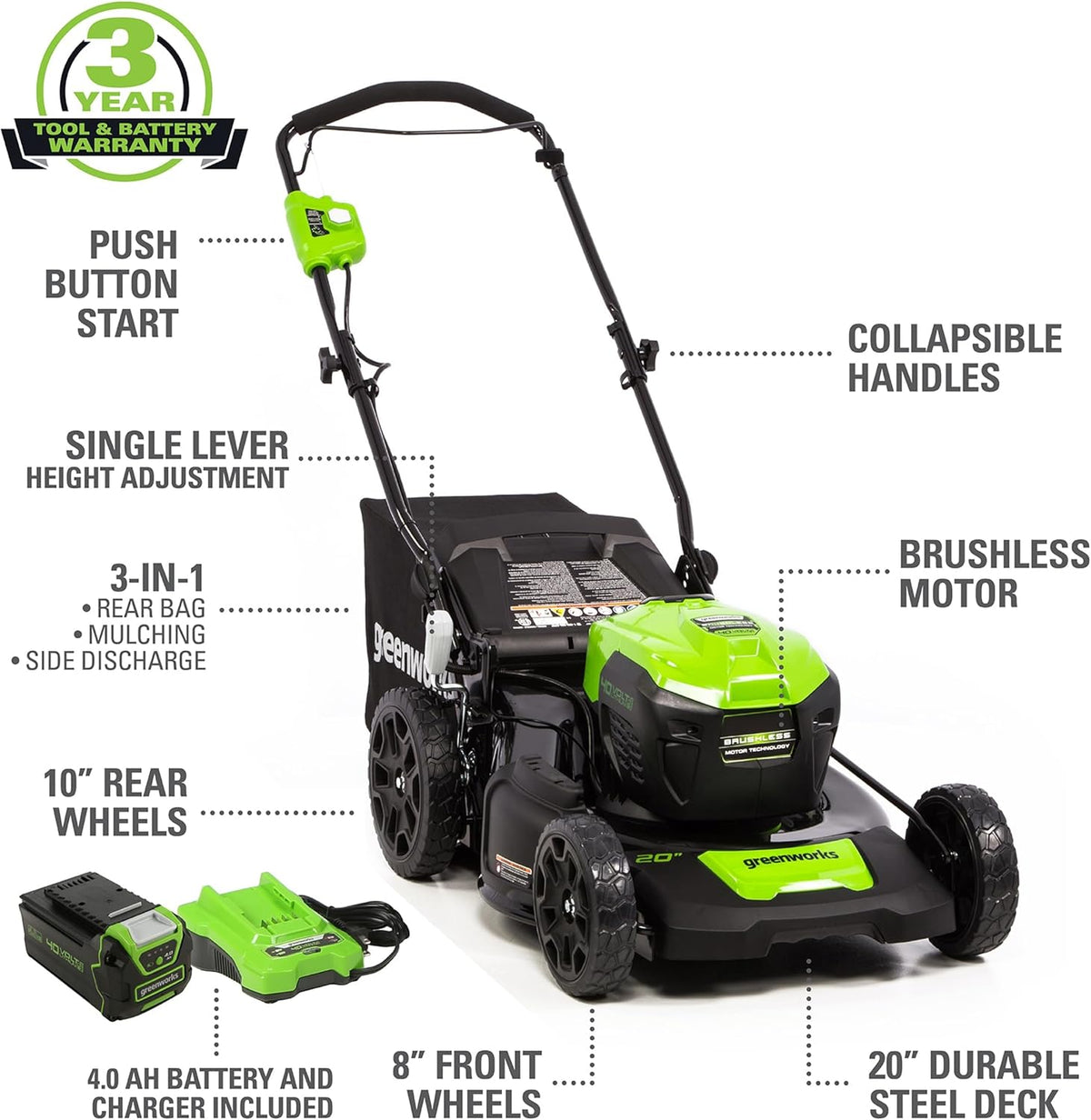 Ensemble tondeuse à gazon à gazon sans fil Greenworks 40V 20 avec souffleur de feuilles axial (500 CFM / 120 MPH), coupe-bordures 12", batteries 5Ah + 2Ah et chargeurs